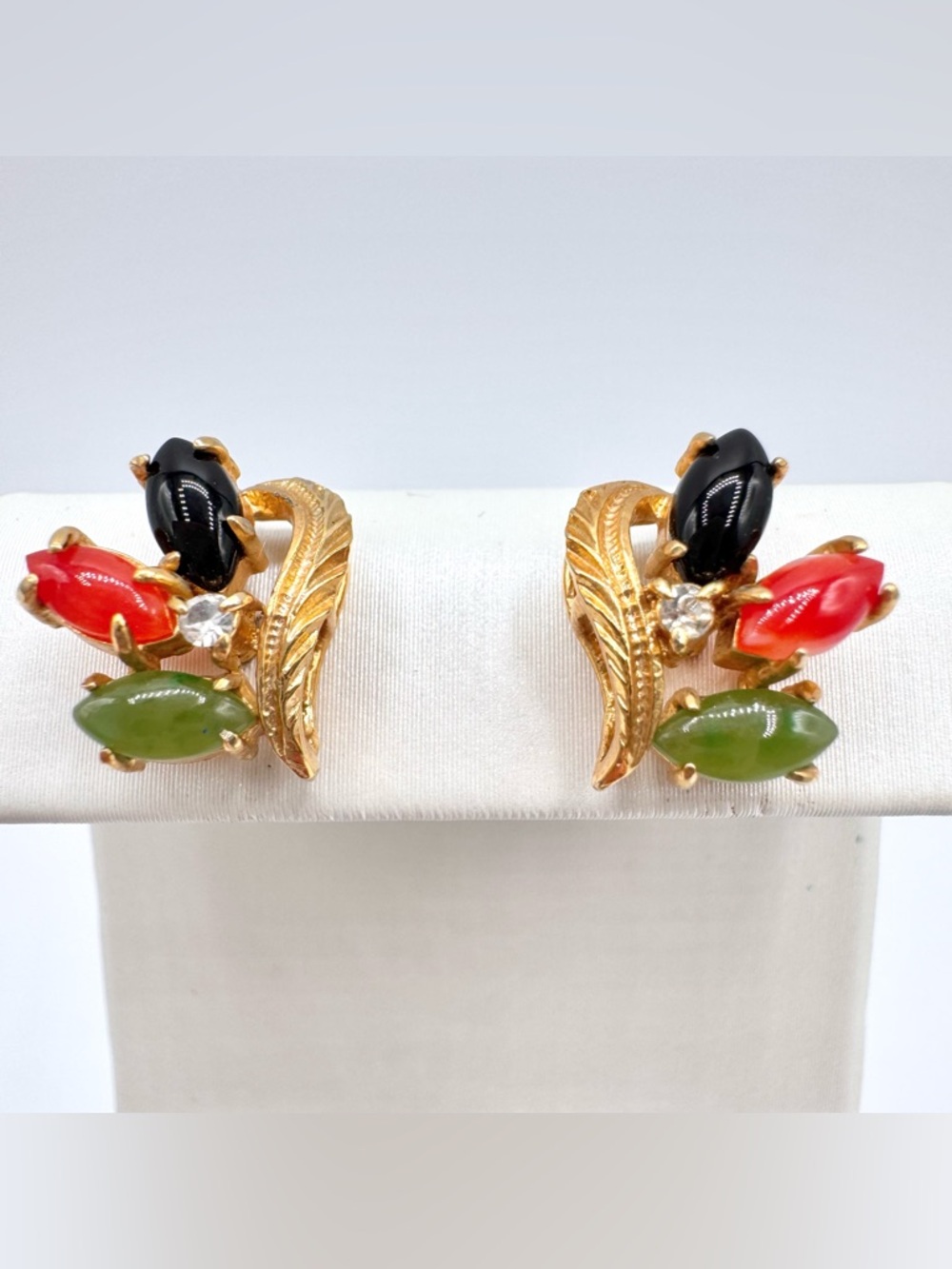 Vintage Colorful Marquise Petal And Gold Tone Leaf Stud Earrings Forestcore Chic